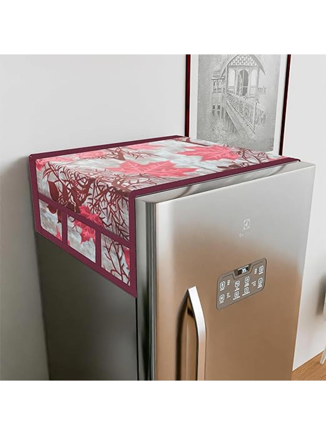 

Dakshya Industries Maroon & Pink Floral Printed Refrigerator Cover