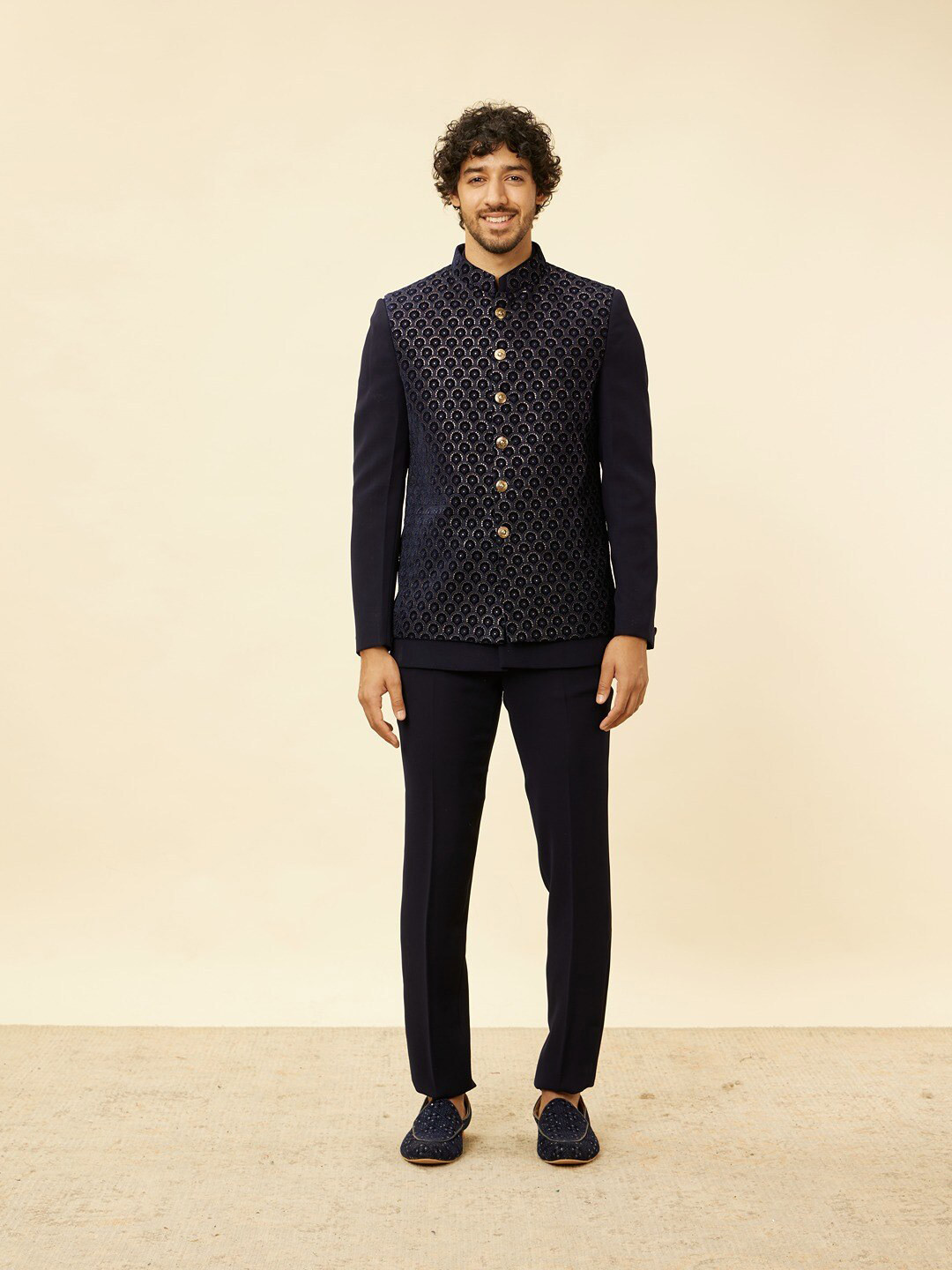 

Twamev Mandarin Collar Bandhgala Style Blazer 3 Piece Party Suit, Navy blue