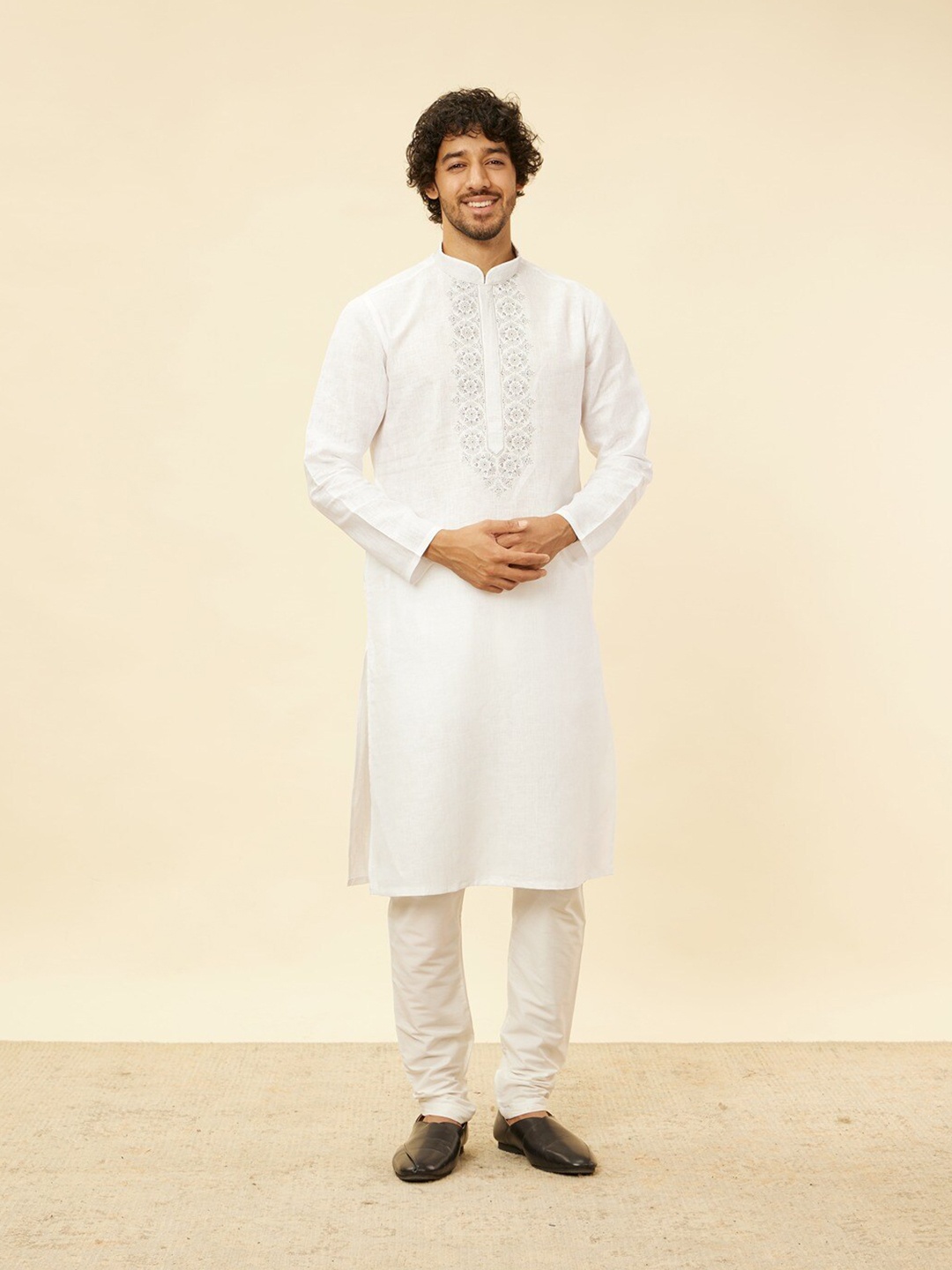 

Twamev Woven Design Embroidered Mandarin Collar Straight Kurta With Churidar, White