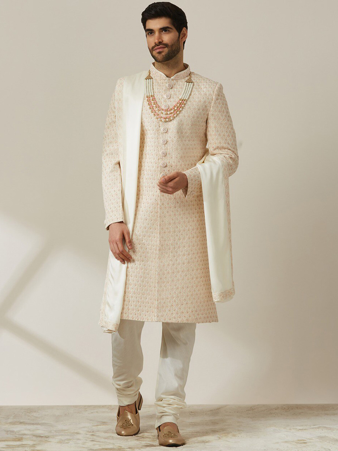 

Twamev Embroidered Sherwani Set with Dupatta, Cream