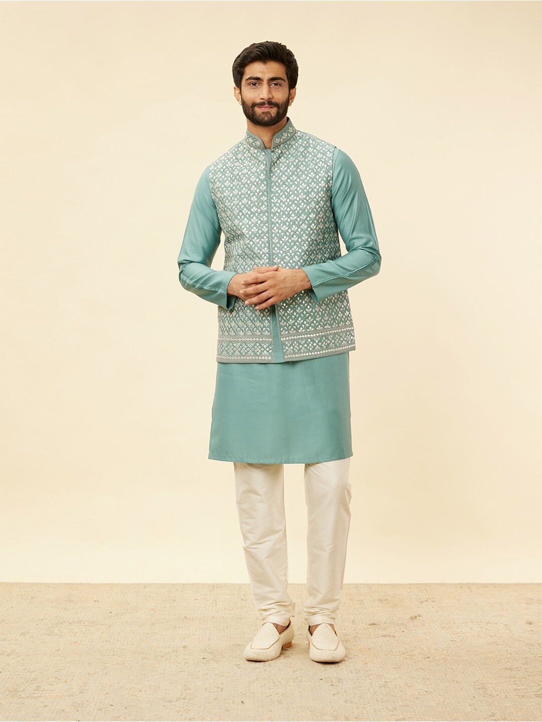 

Twamev Mandarin Collar Straight Kurta With Churidar & Jacket, Blue