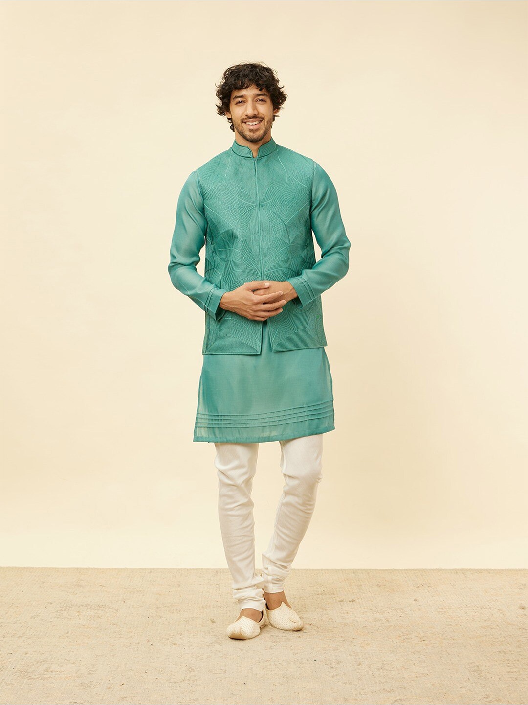 

Twamev Printed Mandarin Collar Straight Kurta With Churidar & Jacket, Green