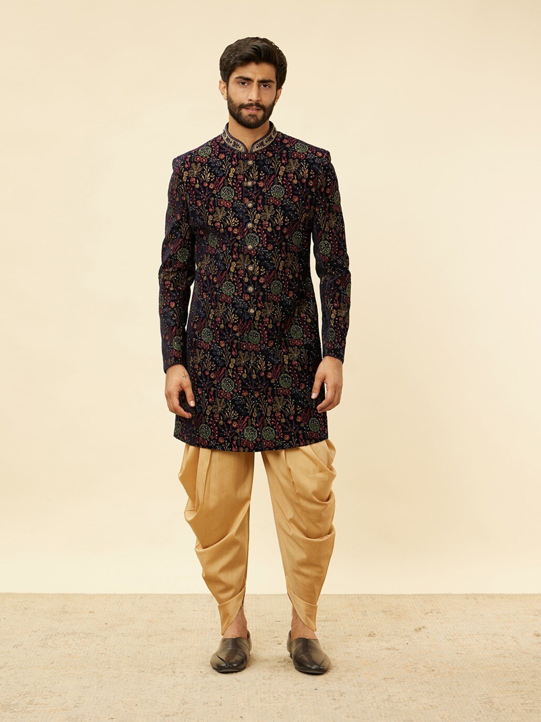 

Twamev Floral-Embroidered Velvet Sherwani Set, Navy blue