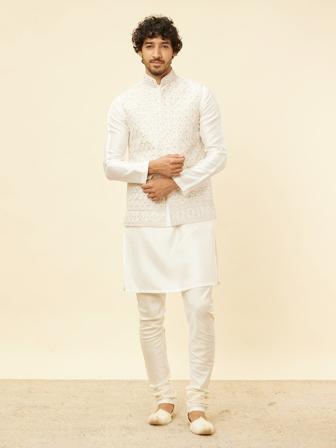 

Twamev Men Cream-Coloured Embroidered Regular Kurta Churidar Jacket Set