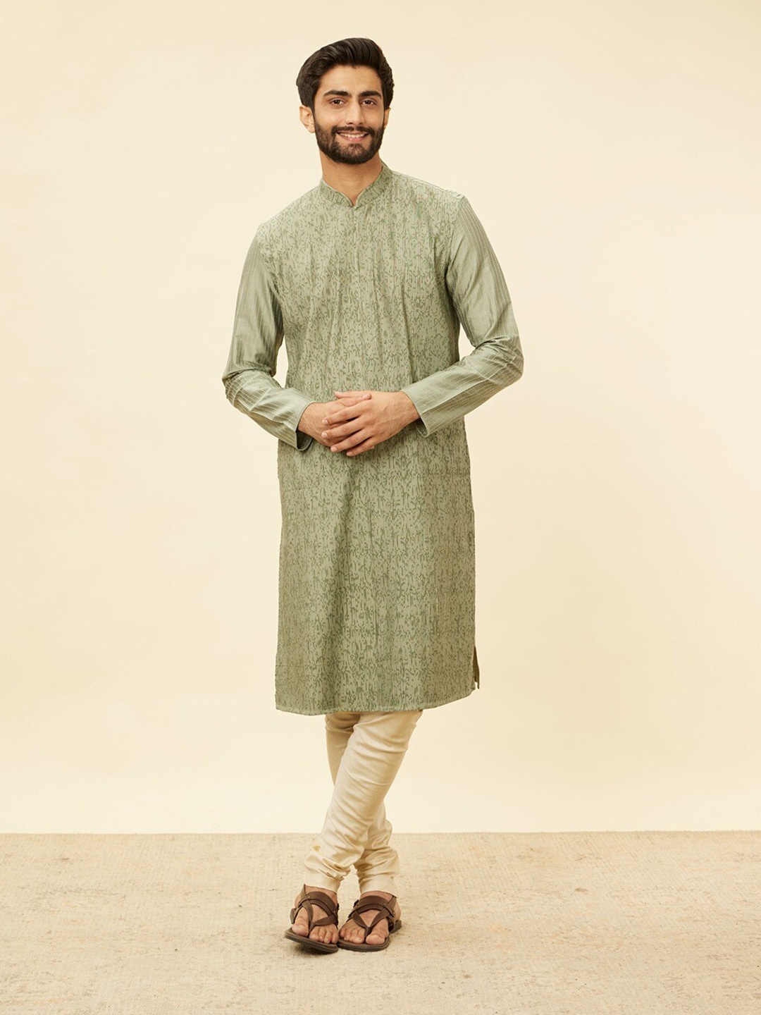 

Twamev Printed Mandarin Collar Straight Kurta With Churidar, Green