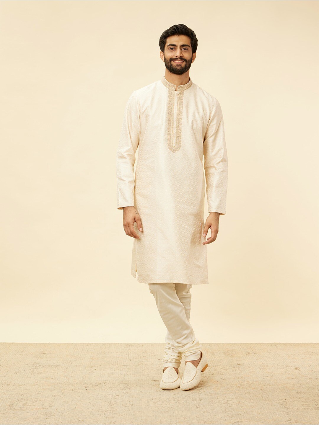 

Twamev Beads and Stones Woven Design Mandarin Collar Straight Kurta With Churidar, Cream