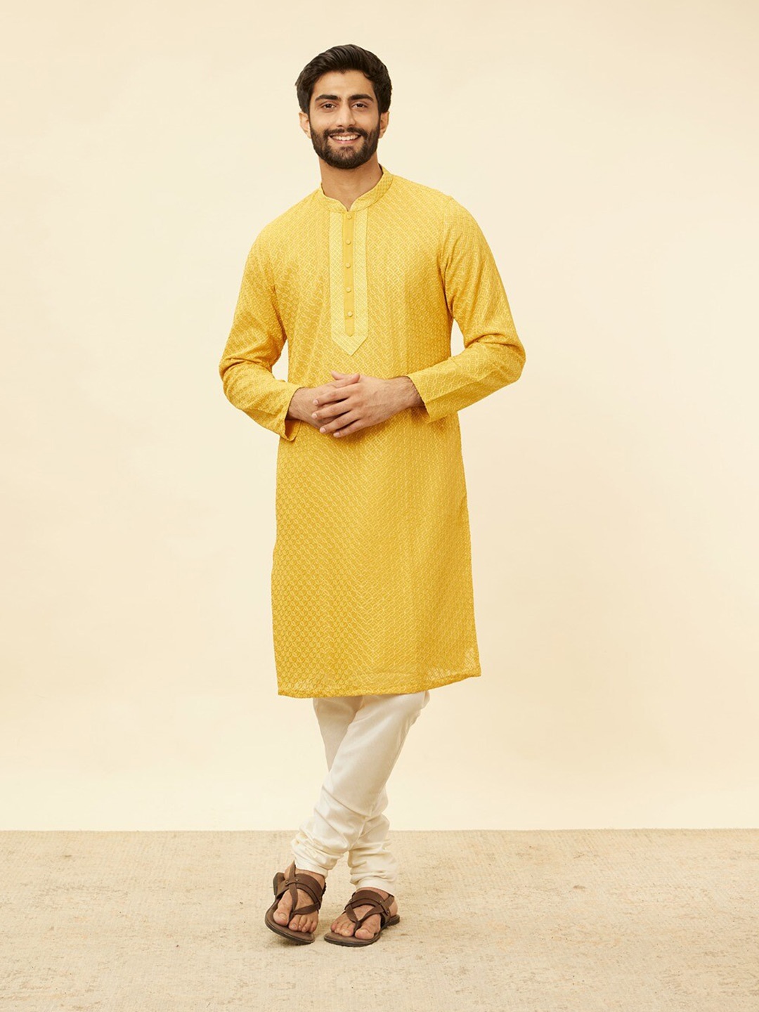 

Twamev Embroidered Regular Kurta with Churidar, Mustard