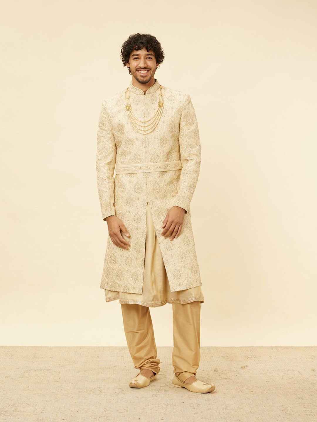 

Twamev Floral Embroidered Sherwani Set, Beige