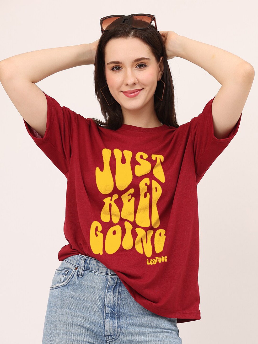 

Leotude Typography Printed Oversized Round Neck T-Shirt, Maroon