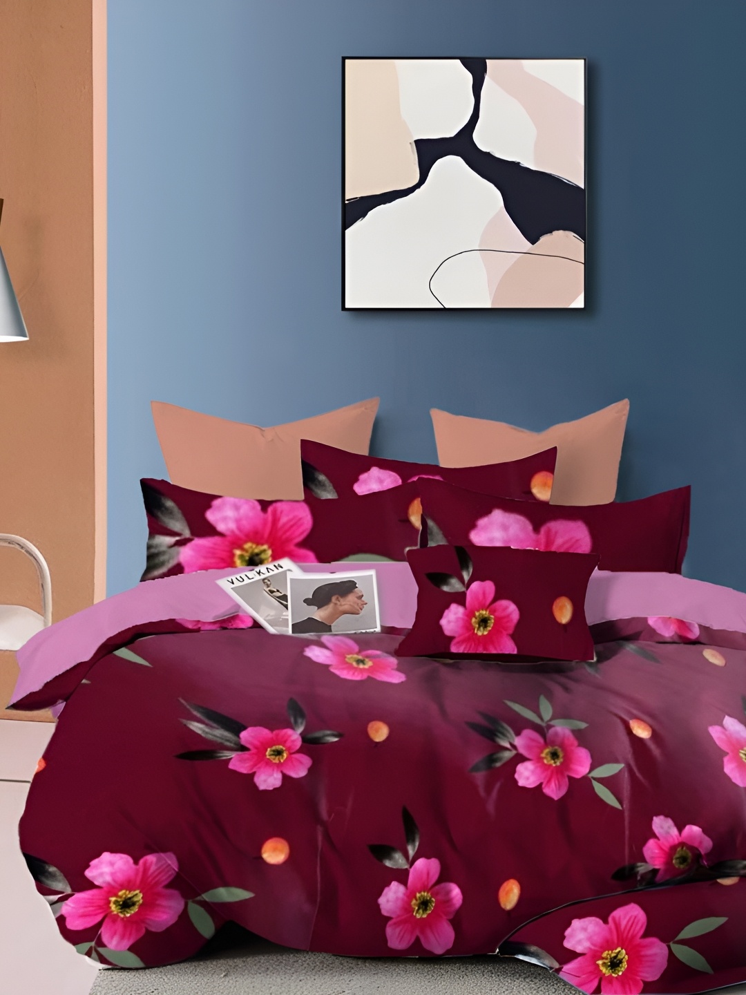 

GLORIES Maroon & Pink 3 Pieces Floral 210 TC King Bedsheet Set