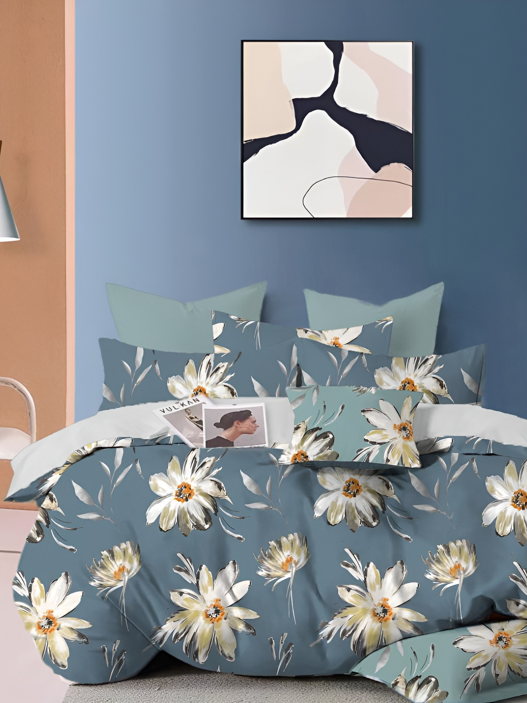 

GLORIES Blue & Grey 3 Pieces Floral 210 TC King Bedsheet With 2 Pillow Covers