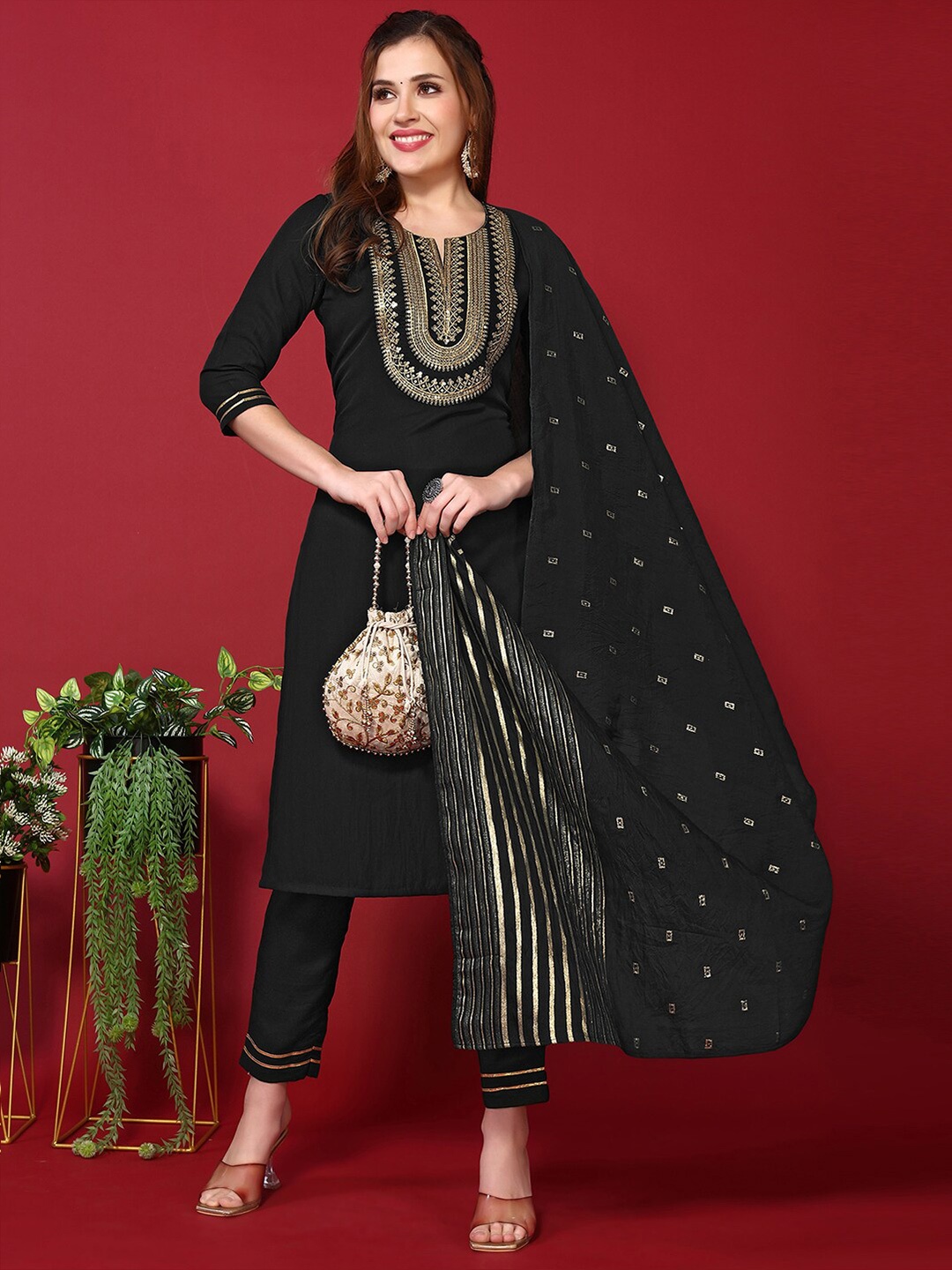 

KALINI Notch Neck Thread Work Straight Kurti with Trousers & Dupatta, Black