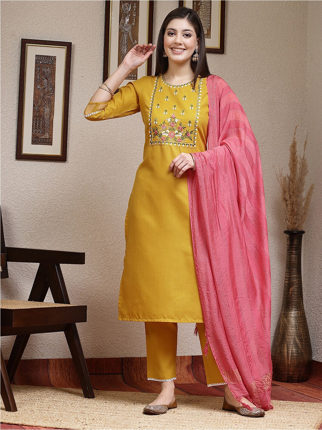 

KALINI Floral Embroidered Three-Quarter Sleeves Thread Work Kurti Set, Yellow