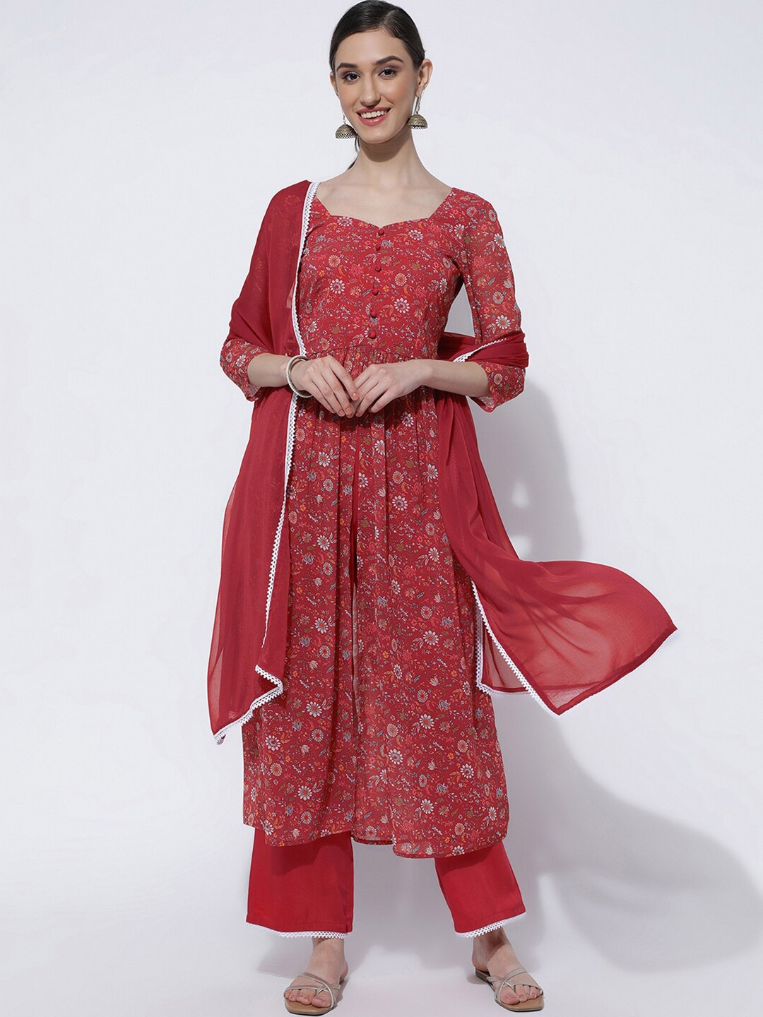 

KALINI Floral Printed Sweetheart Neck Kurti with Palazzos & With Dupatta, Red
