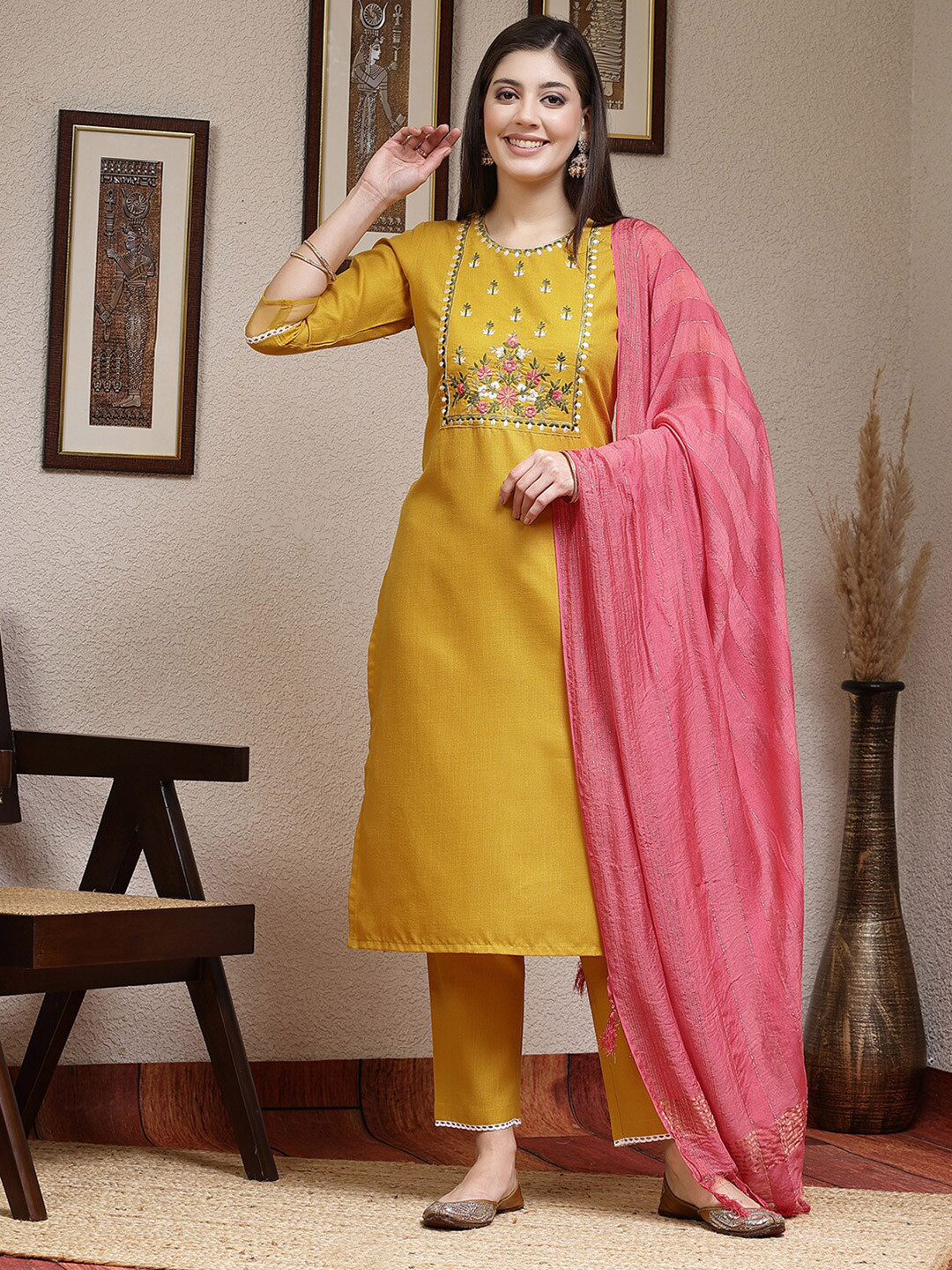 

SKYLEE Floral Embroidered Thread Work Yoke Design Kurta with Trouser & Dupatta, Yellow