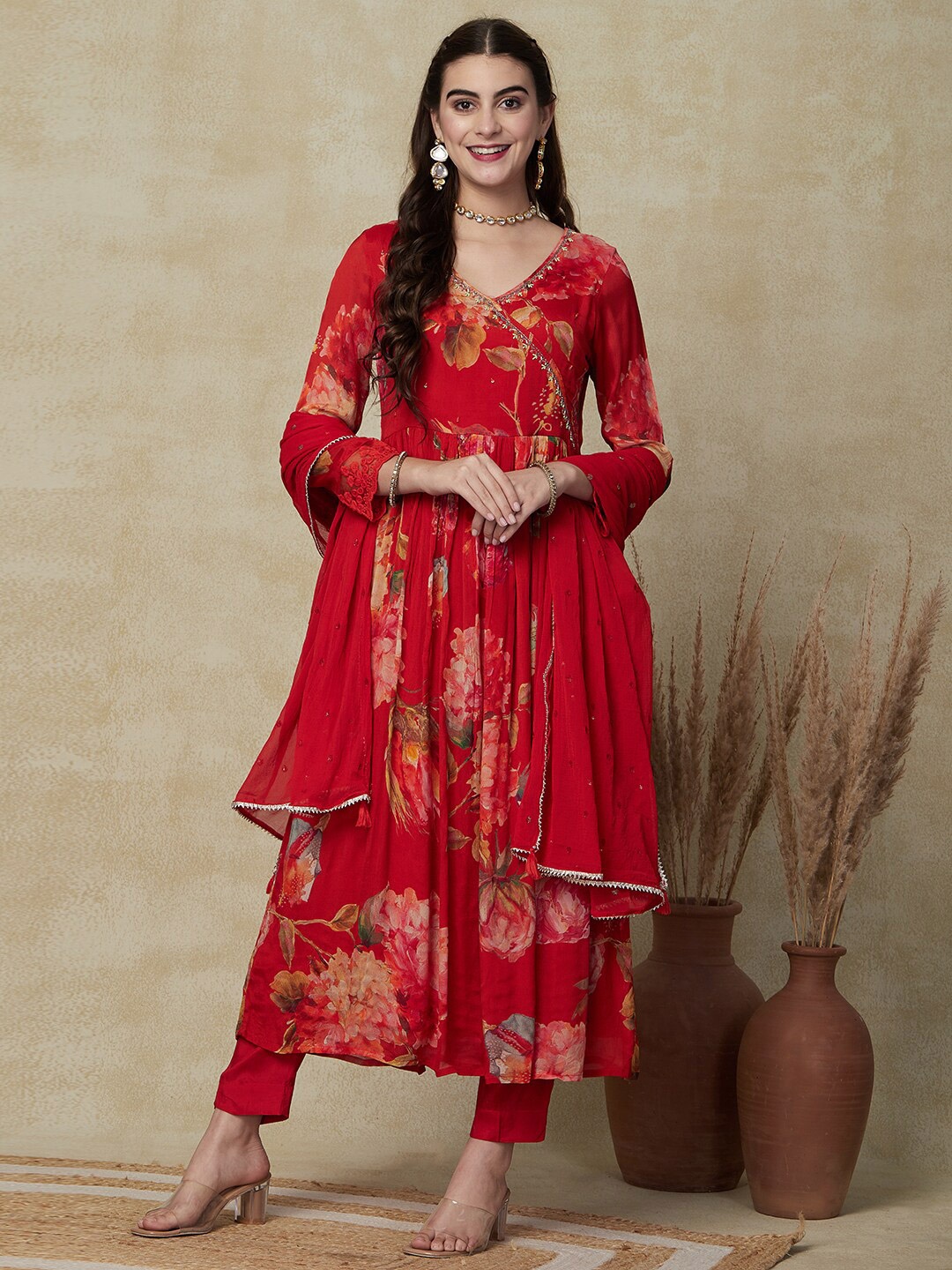 

FASHOR Embroidered Pleated Kurta With Trousers & Dupatta, Red