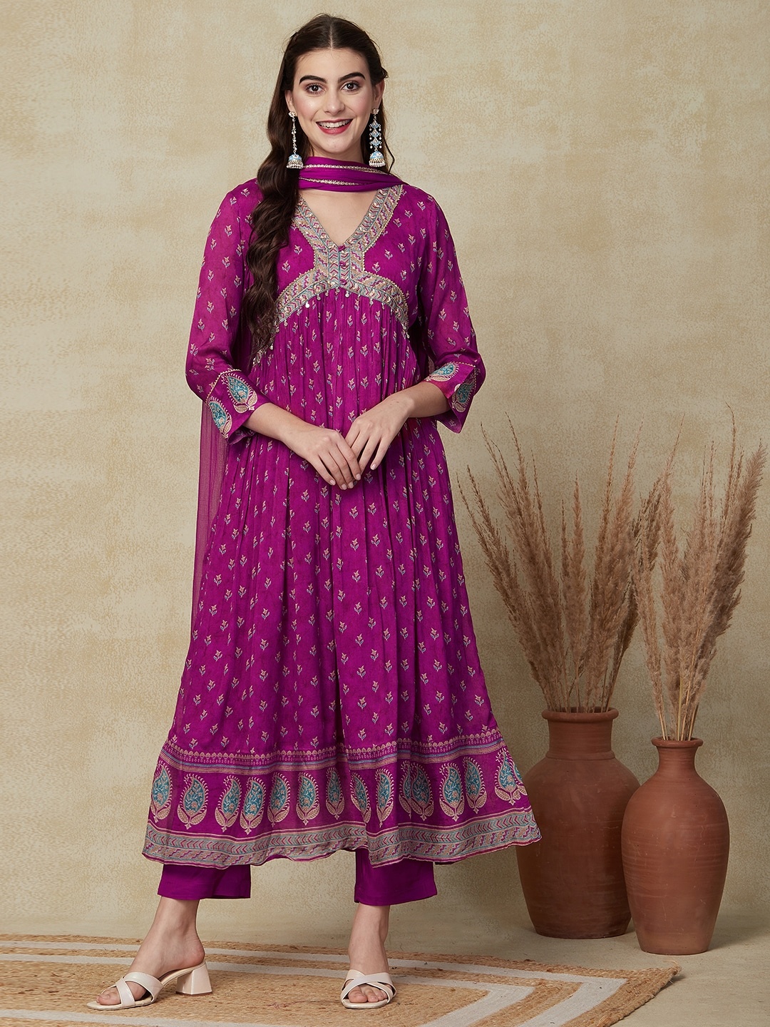 

FASHOR Embroidered Pleated A-Line Kurta With Trousers & Dupatta, Magenta