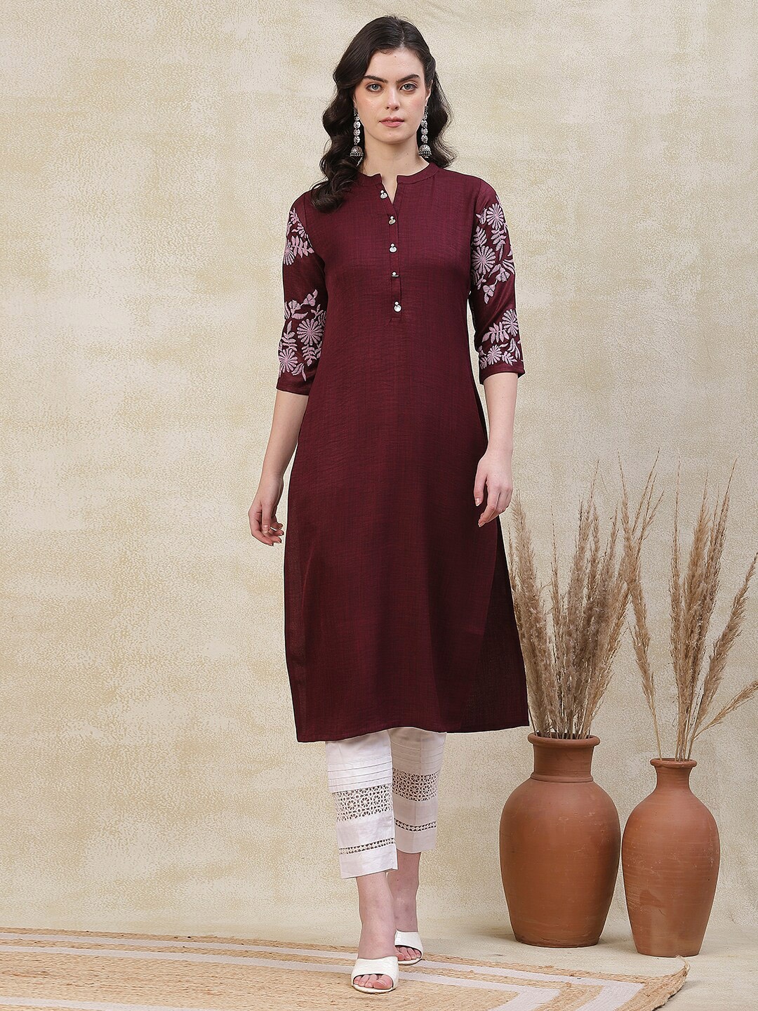 

FASHOR Floral Printed Mandarin Collar Straight Kurta, Burgundy