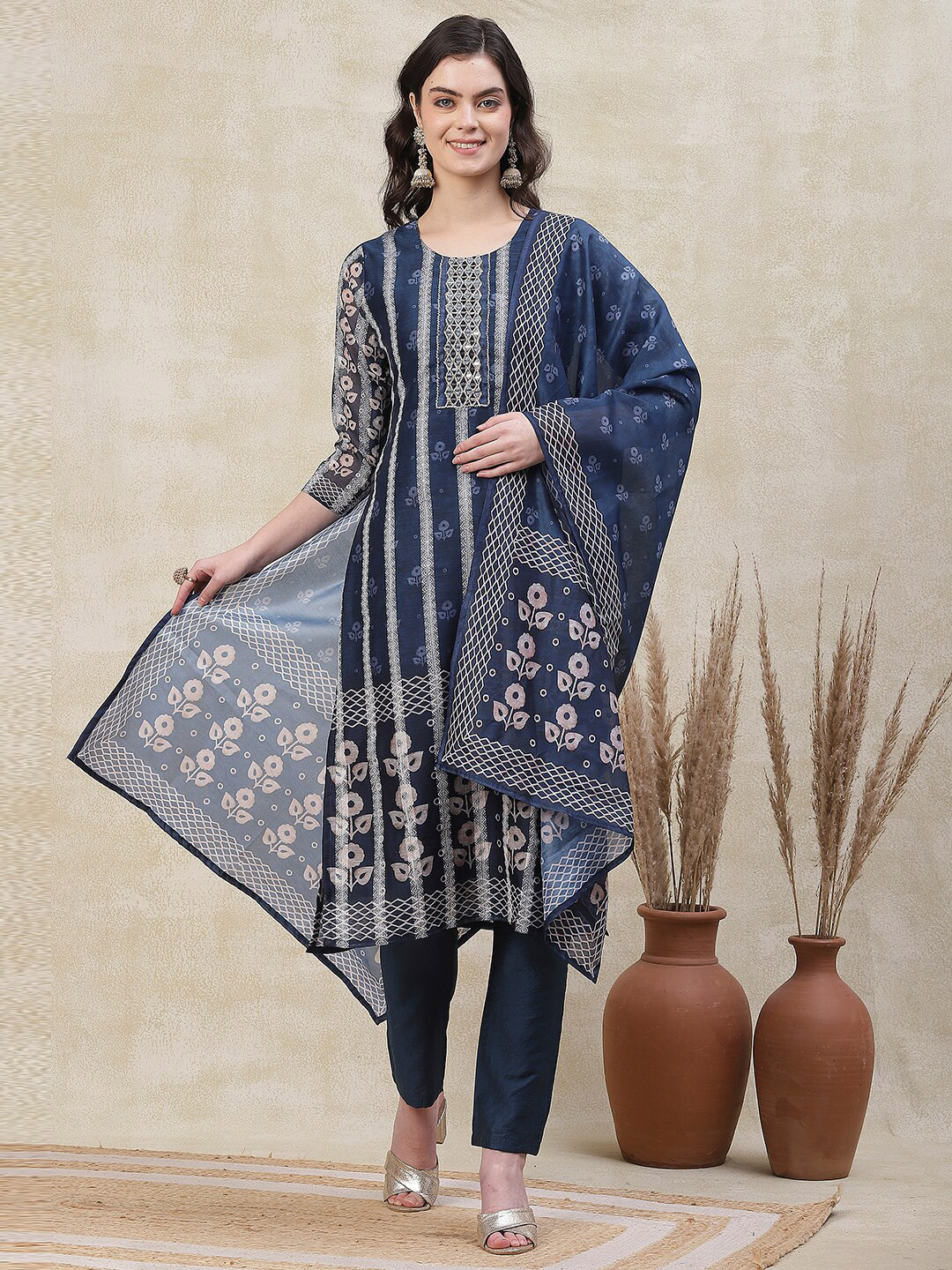 

FASHOR Ethnic Motifs Chanderi Silk Kurta With Trousers & Dupatta, Blue