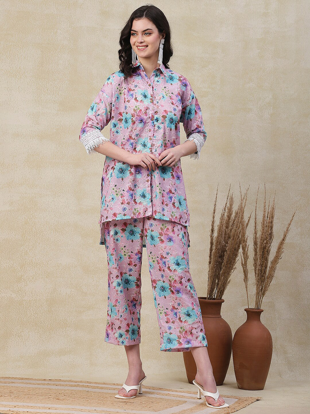 

FASHOR Floral Printed High-low Shirt & Palazzos, Pink