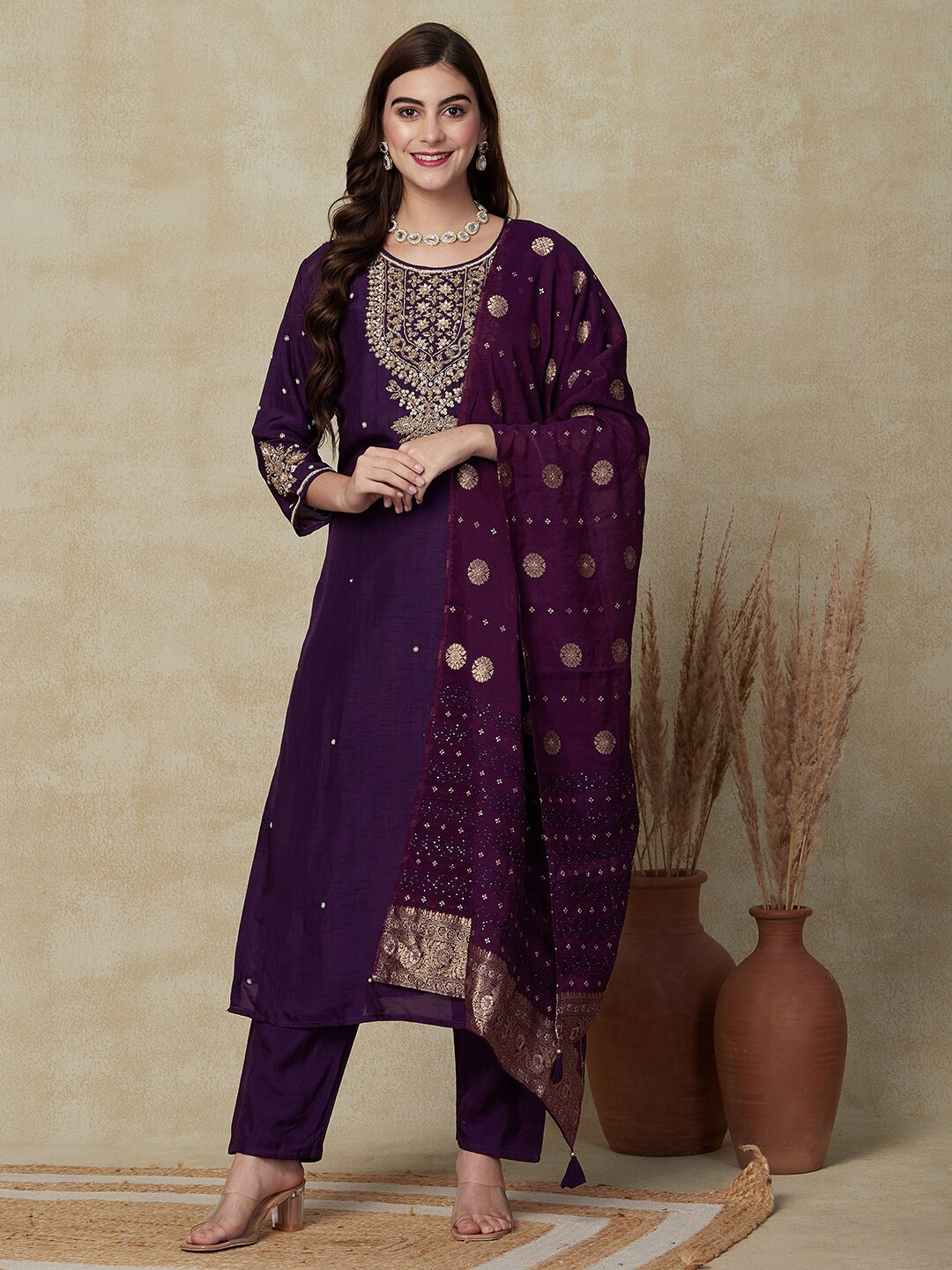 

FASHOR Embroidered Straight Kurta With Trousers & Dupatta, Purple