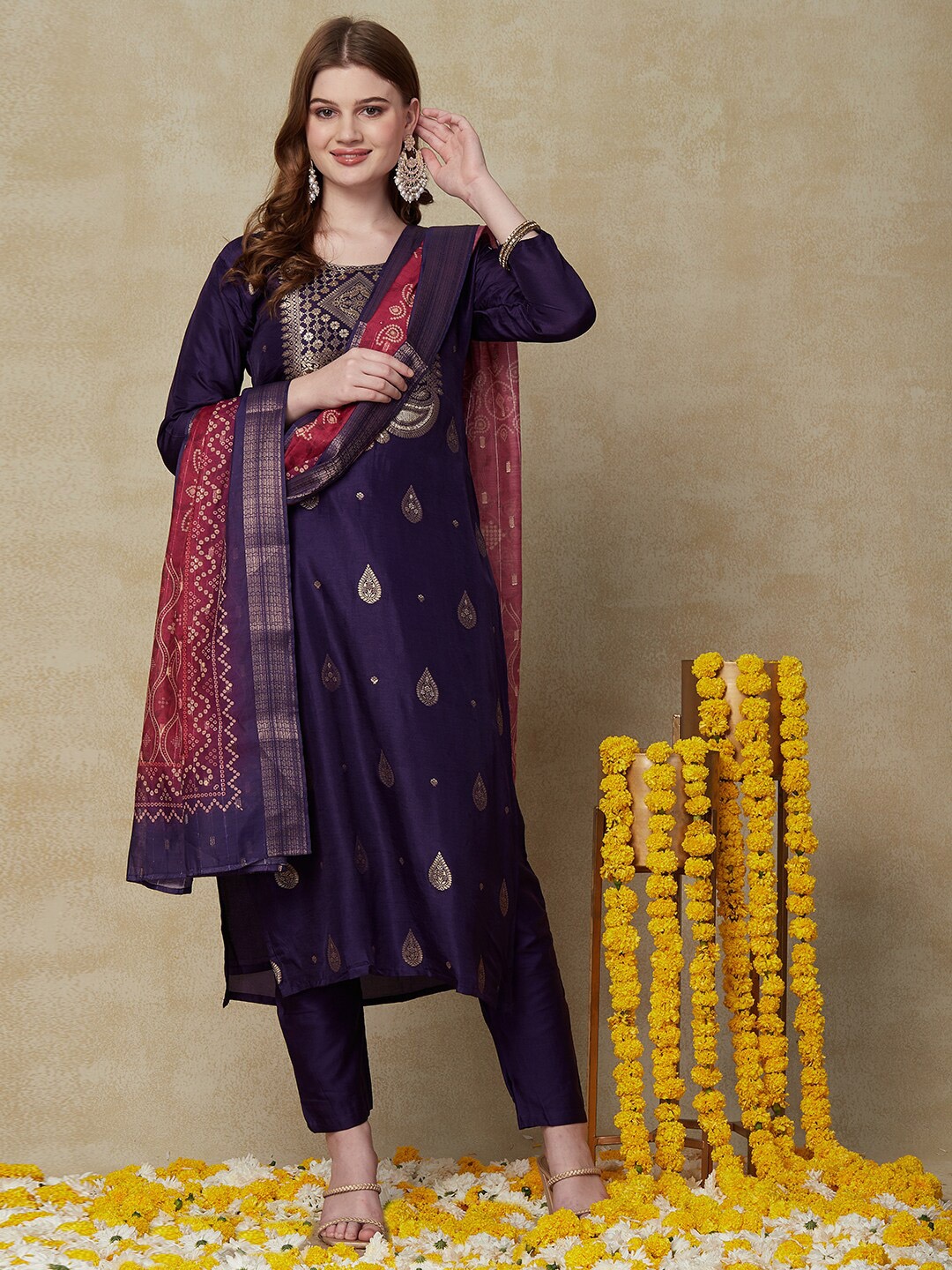 

FASHOR Ethnic Motifs Regular Kurta with Trousers & With Dupatta, Purple