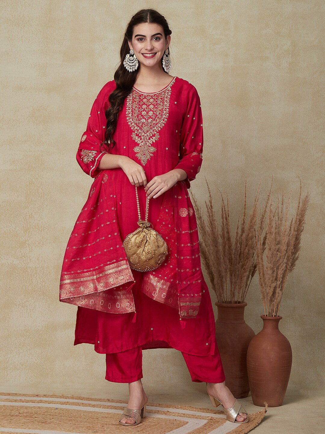 

FASHOR Ethnic Motifs Embroidered Beads And Stones Strsight Kurta With Trousers & Dupatta, Pink