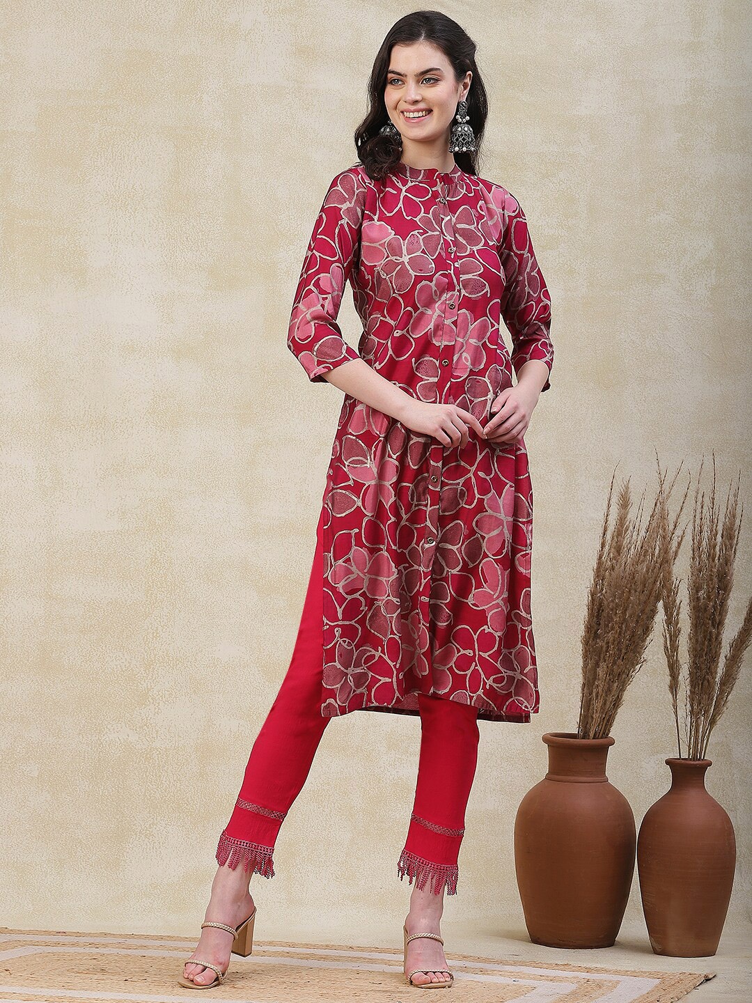 

FASHOR Floral Printed Mandarin Collar A-Line Kurta, Magenta