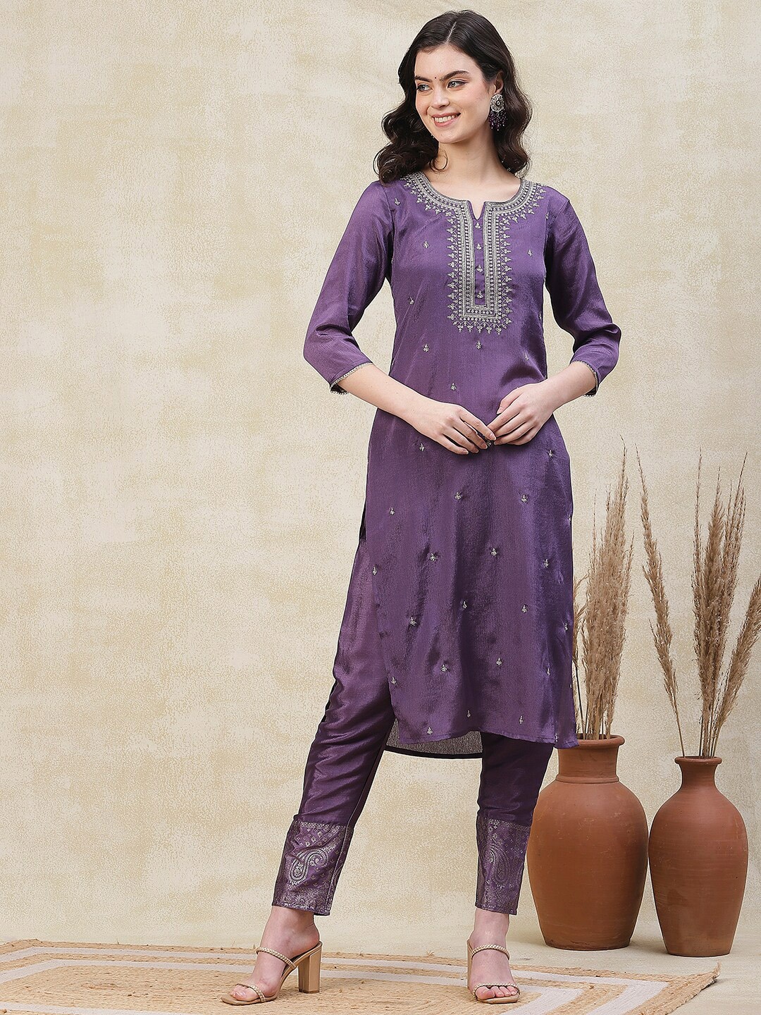 

FASHOR Floral Embroidered Regular Kurta with Trousers & With Dupatta, Purple