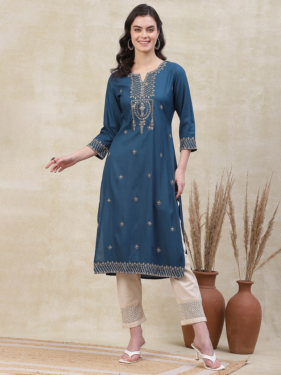 

FASHOR Embroidered Notch Neckline A-Line Kurta, Teal