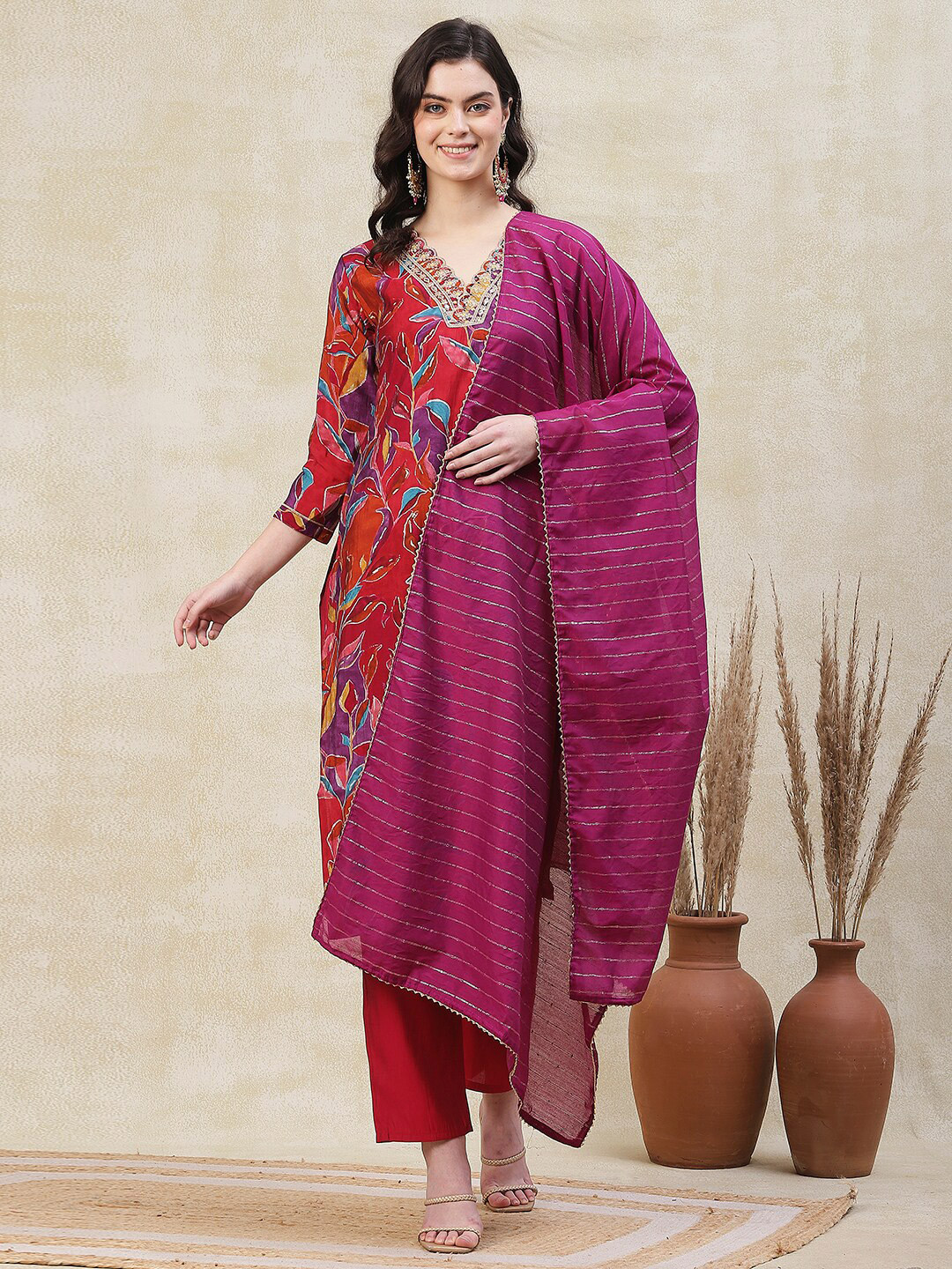 

FASHOR Floral Printed Zari & Sequins Embroidered Straight Kurta With Trouser & Dupatta, Red