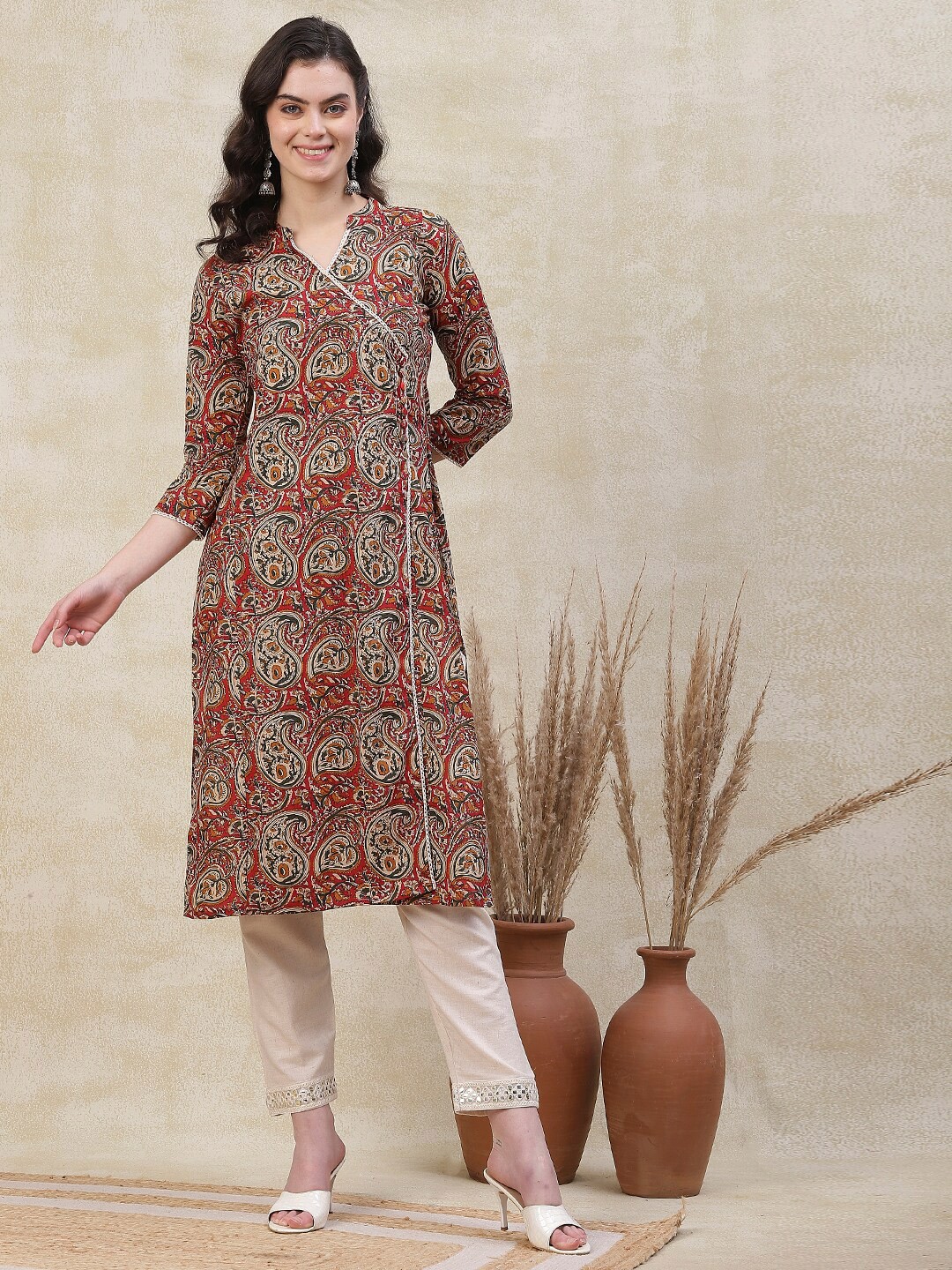 

FASHOR Ethnic Motifs Printed Gotta Patti Pure Cotton Angrakha Straight Kurta, Maroon