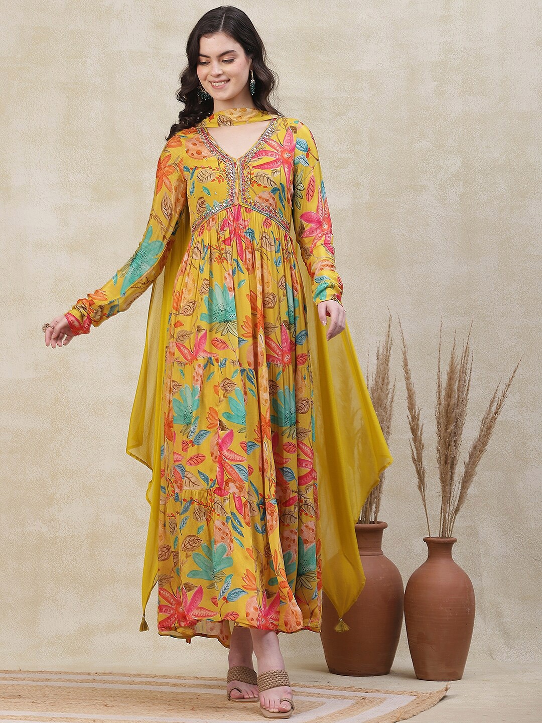 

FASHOR Floral Printed V-Neck Semi Sheer Fit & Flare Maxi Dress With Draped Dupatta, Yellow