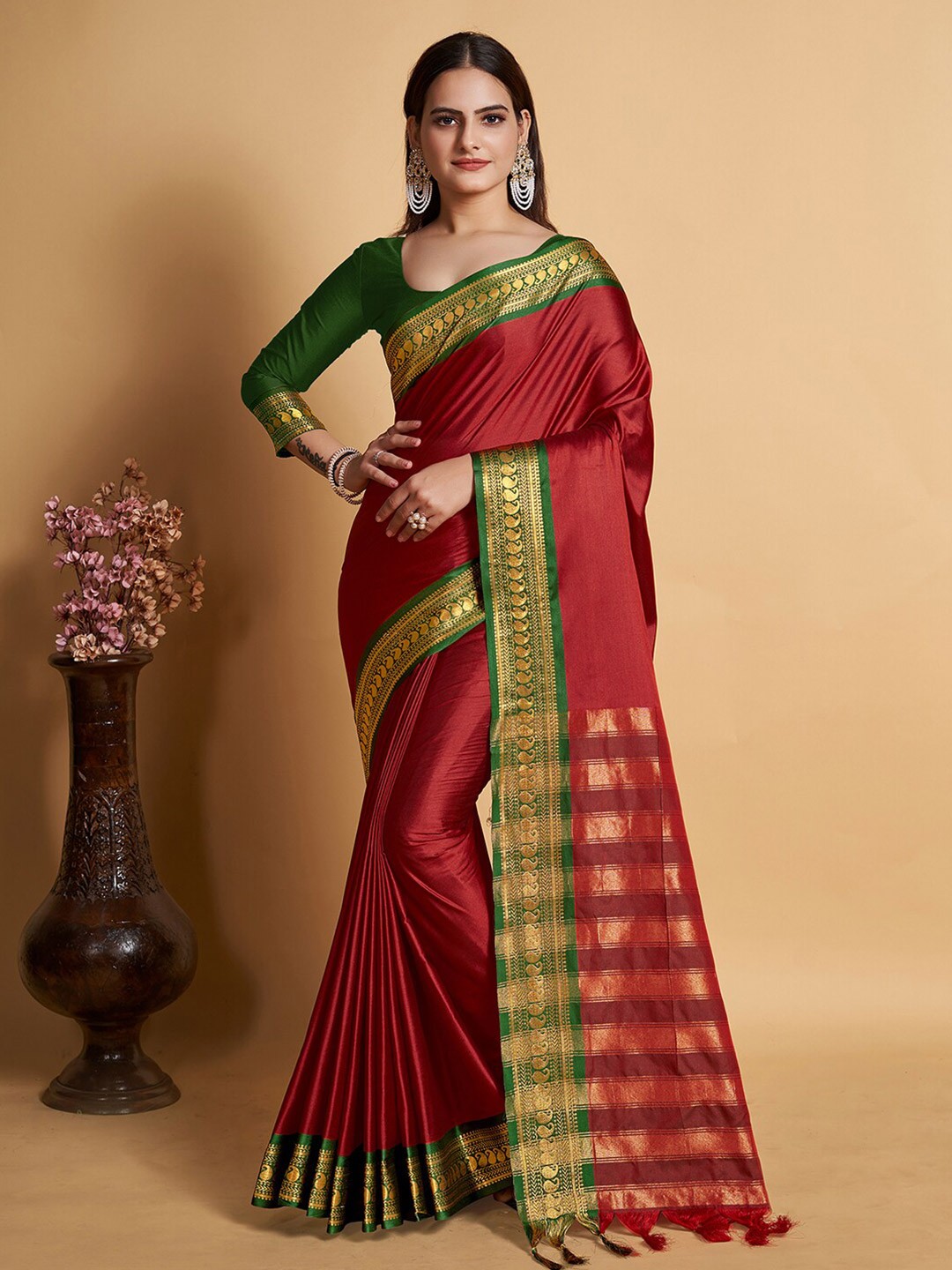 

Mitera Maroon Zari Woven Design Saree