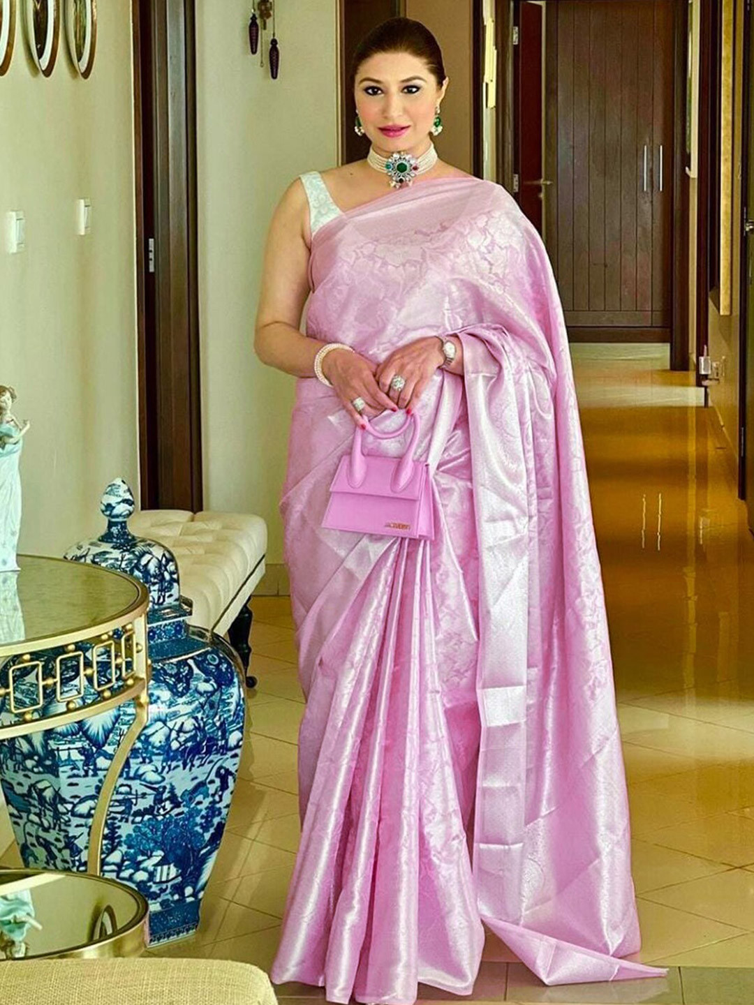 

Mitera Floral Printed Pink Zari Woven Design Saree