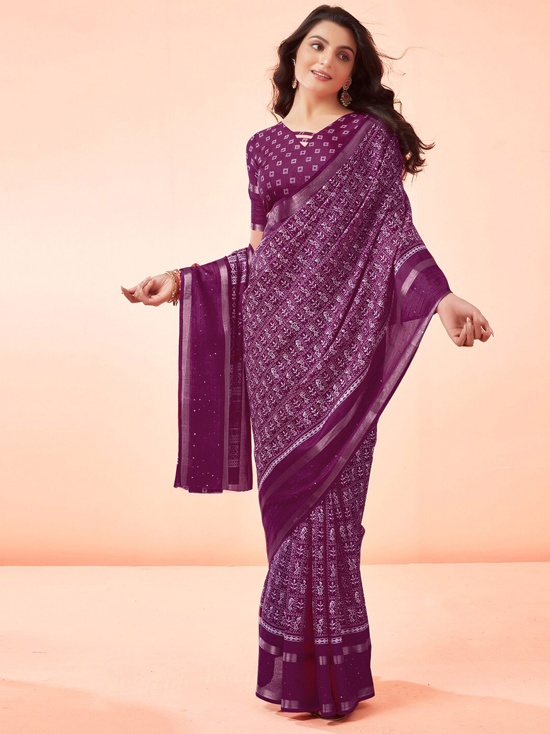 

Mitera Purple Warli Printed Zari Saree