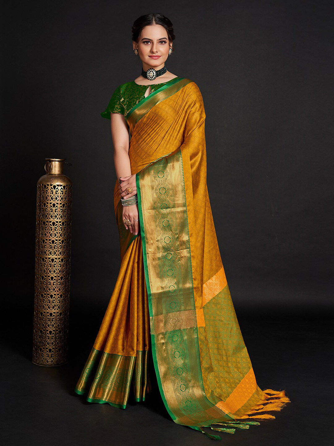 

Mitera Yellow Zari Ethnic Motifs Woven Design Saree