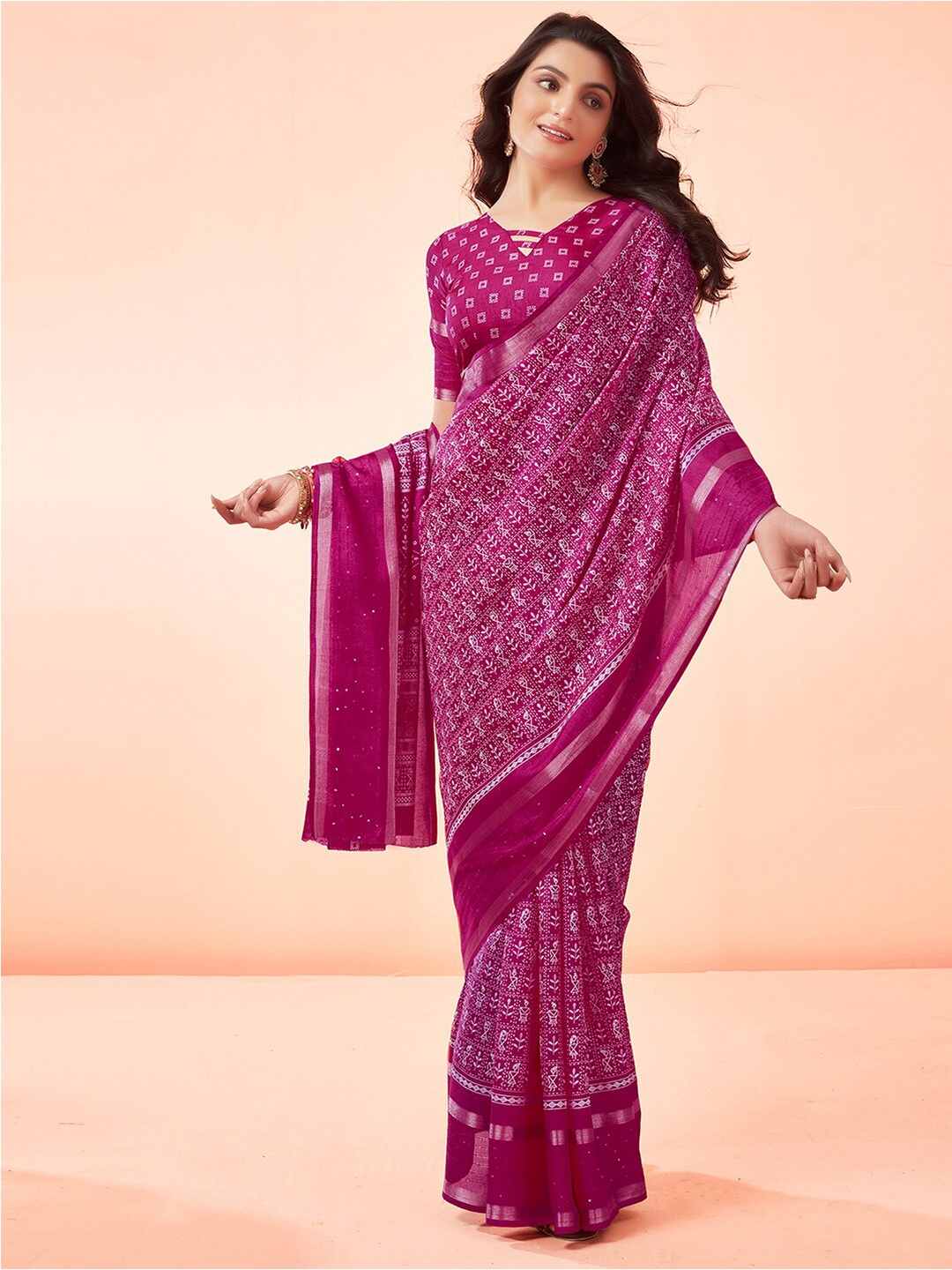 

Mitera Pink Warli Printed Zari Saree