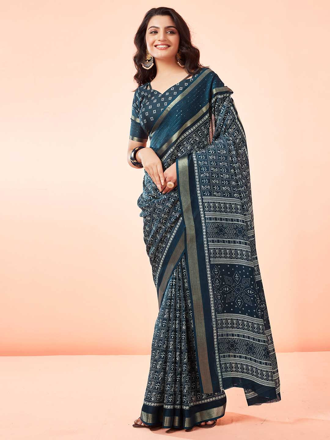 

Mitera Navy Warli Printed Zari Embellished Saree, Navy blue