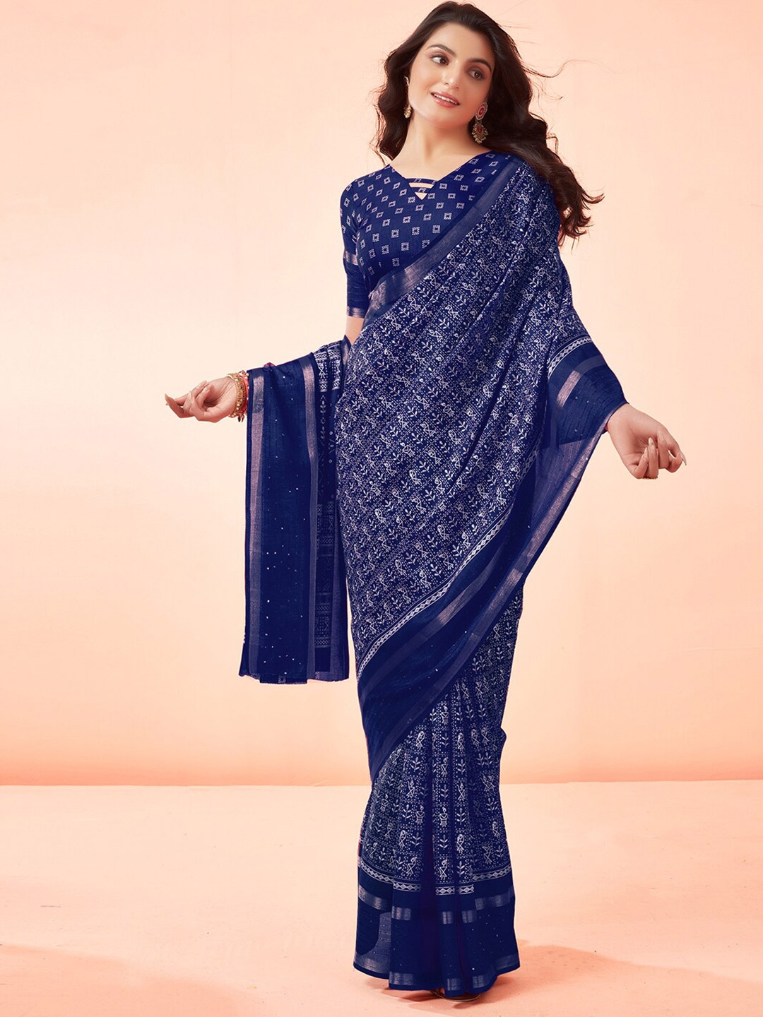 

Mitera Navy Blue Warli Printed Zari Embellished Saree