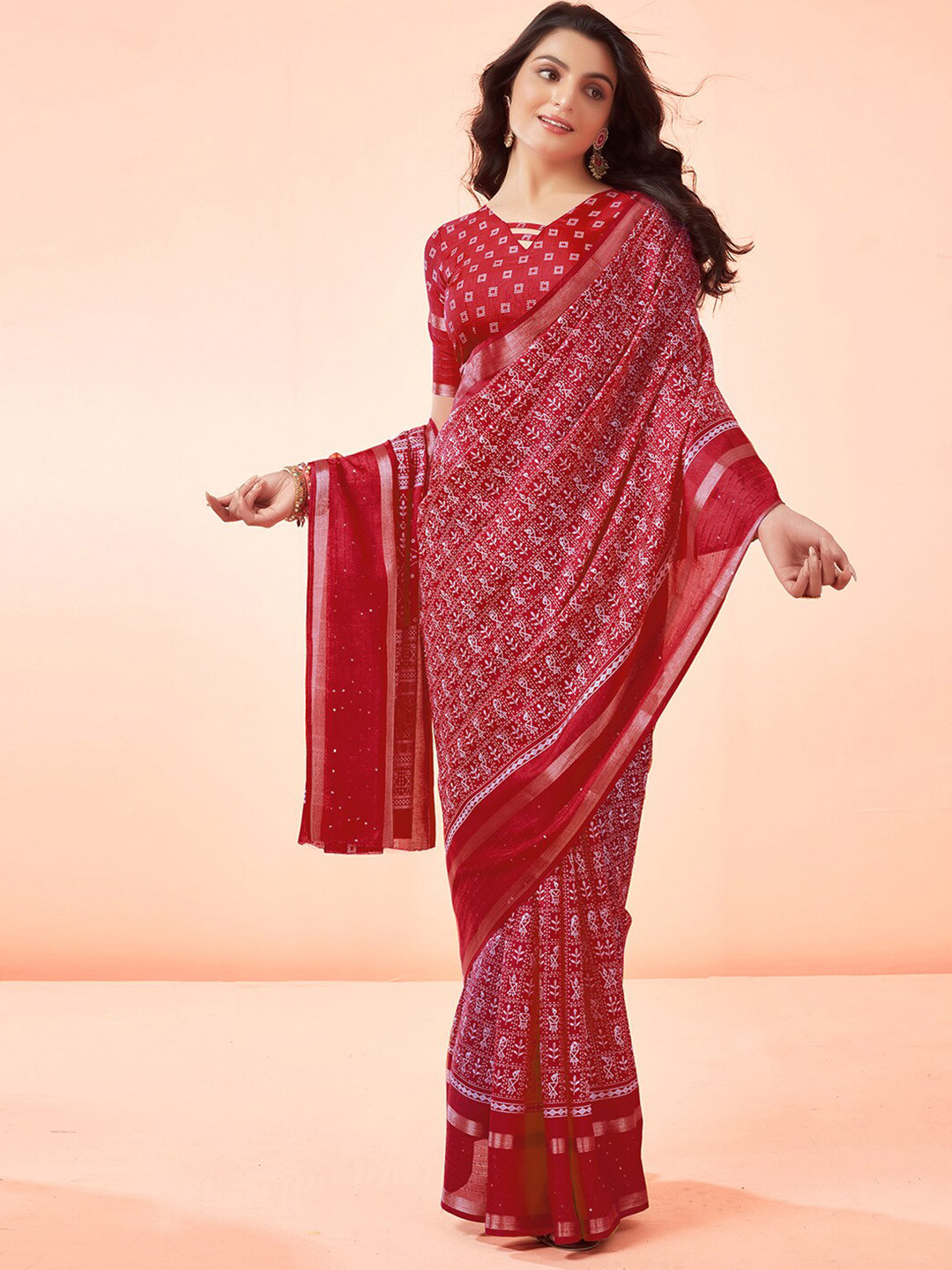 

Mitera Red Warli Printed Zari Embellished Saree