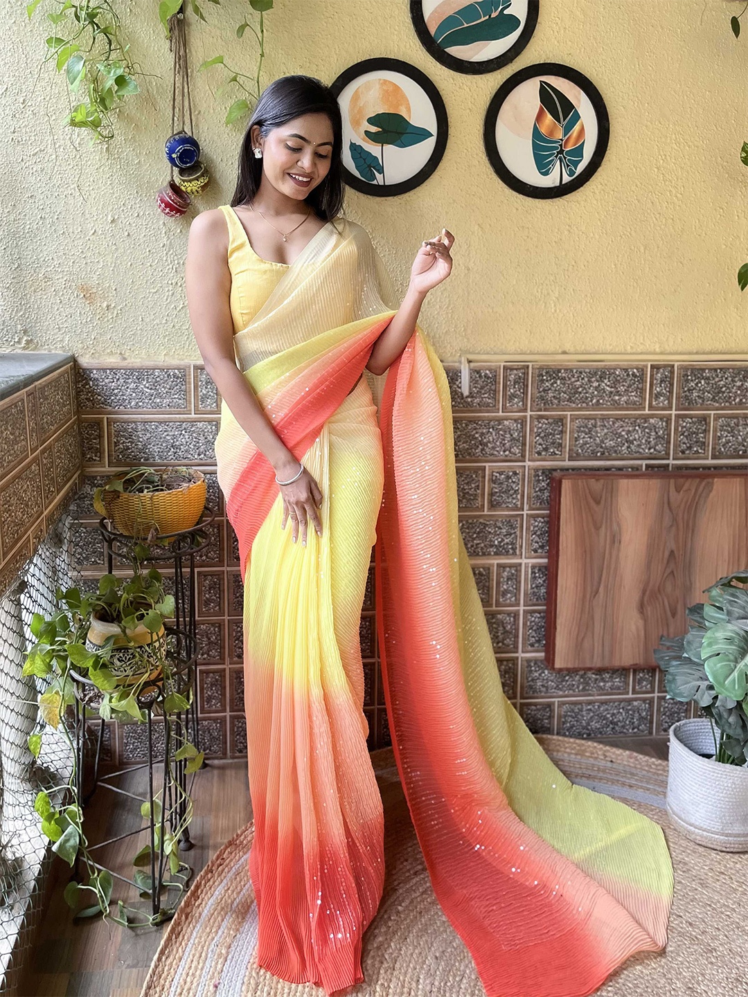

Mitera Yellow Sequinned Embellished Saree