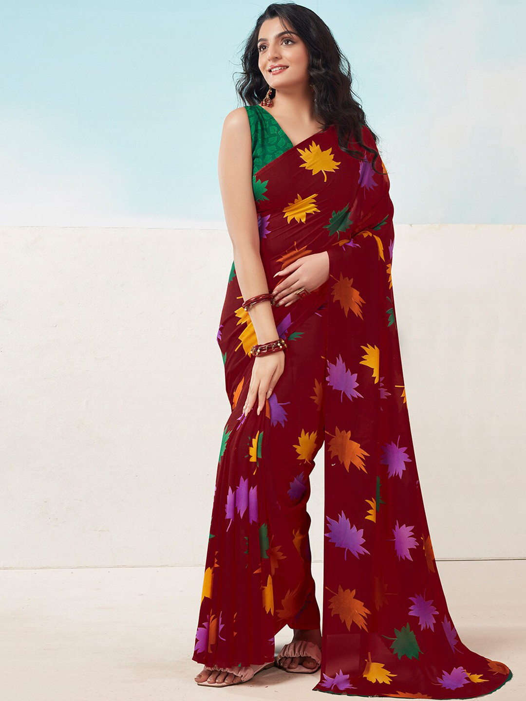 

KALINI Floral Poly Georgette Fusion Saree, Red