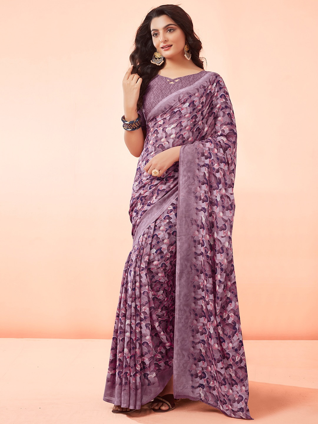 

KALINI Floral Printed Fusion Saree, Peach