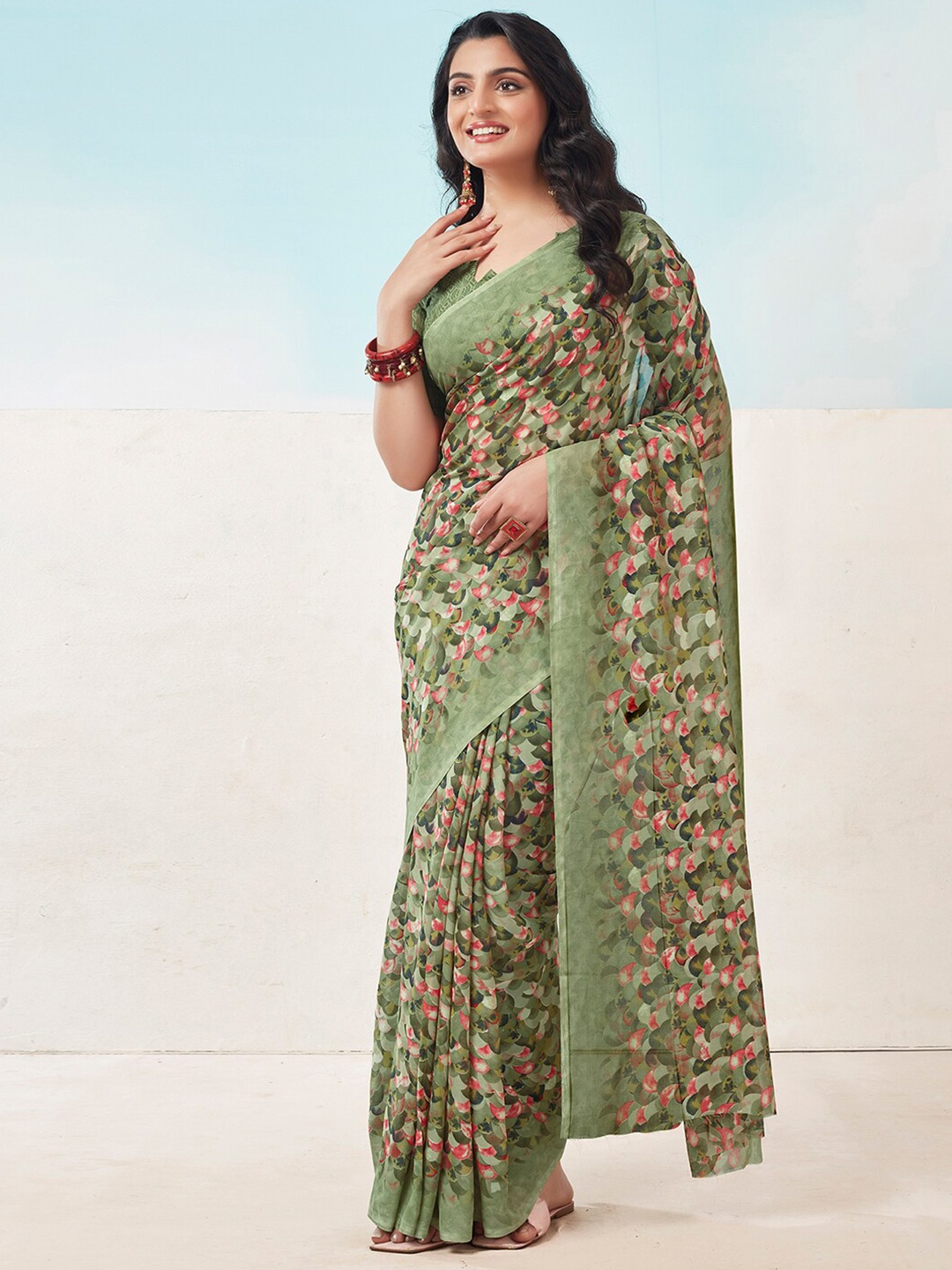 

KALINI Floral Printed Fusion Saree, Olive