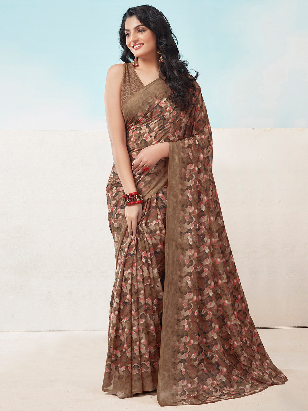

KALINI Abstract Printed Fusion Saree, Brown