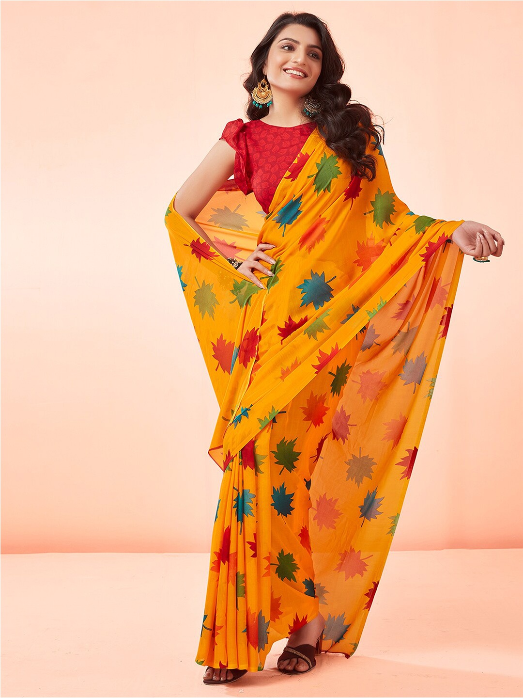 KALINI Floral Printed Fusion Saree, Yellow