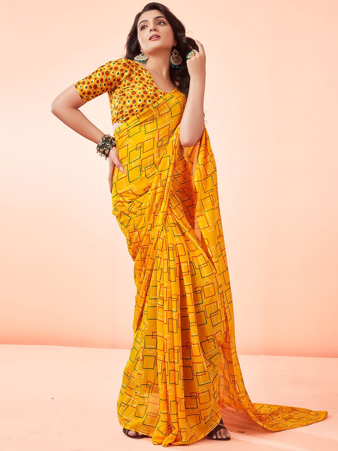 

KALINI Geometric Printed Fusion Saree, Yellow