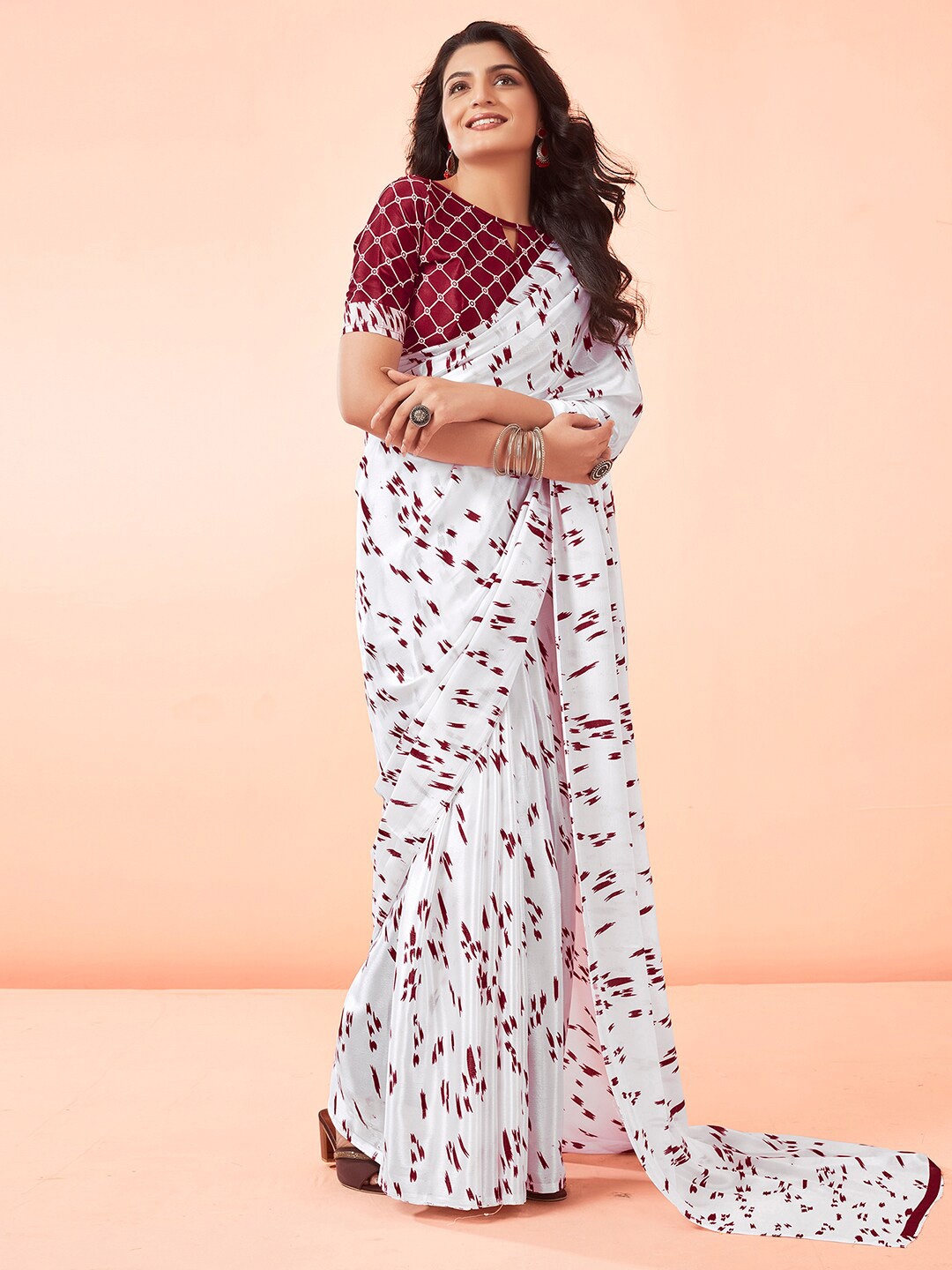 

KALINI Polka Dot Printed Fusion Saree, White