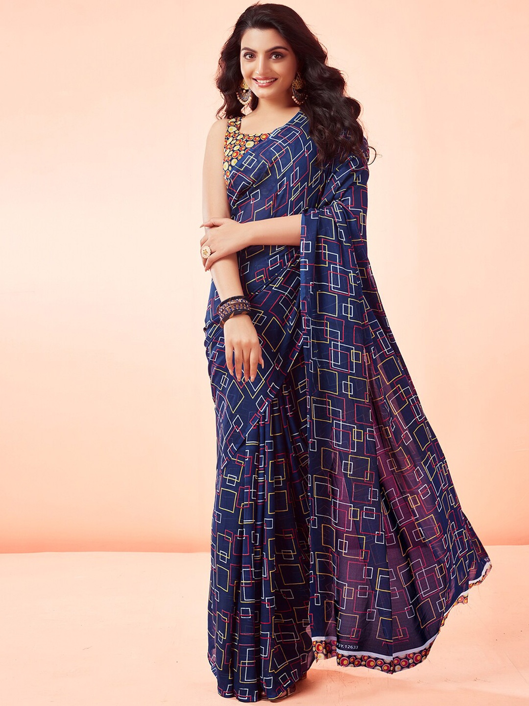 

KALINI Geometric Printed Fusion Saree, Navy blue